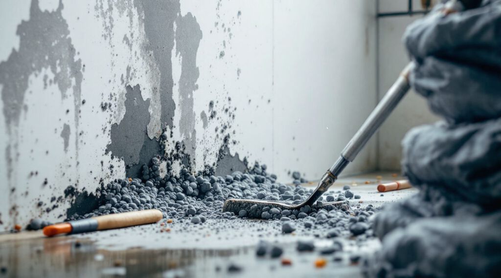 Certified mold remediation technicians in full protective gear inspecting a water-damaged wall in a Rosenberg home, ensuring safety and thoroughness.