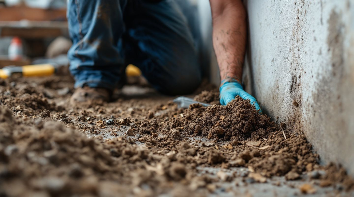 Dark, damp crawl space with visible mold growth on wooden beams and insulation