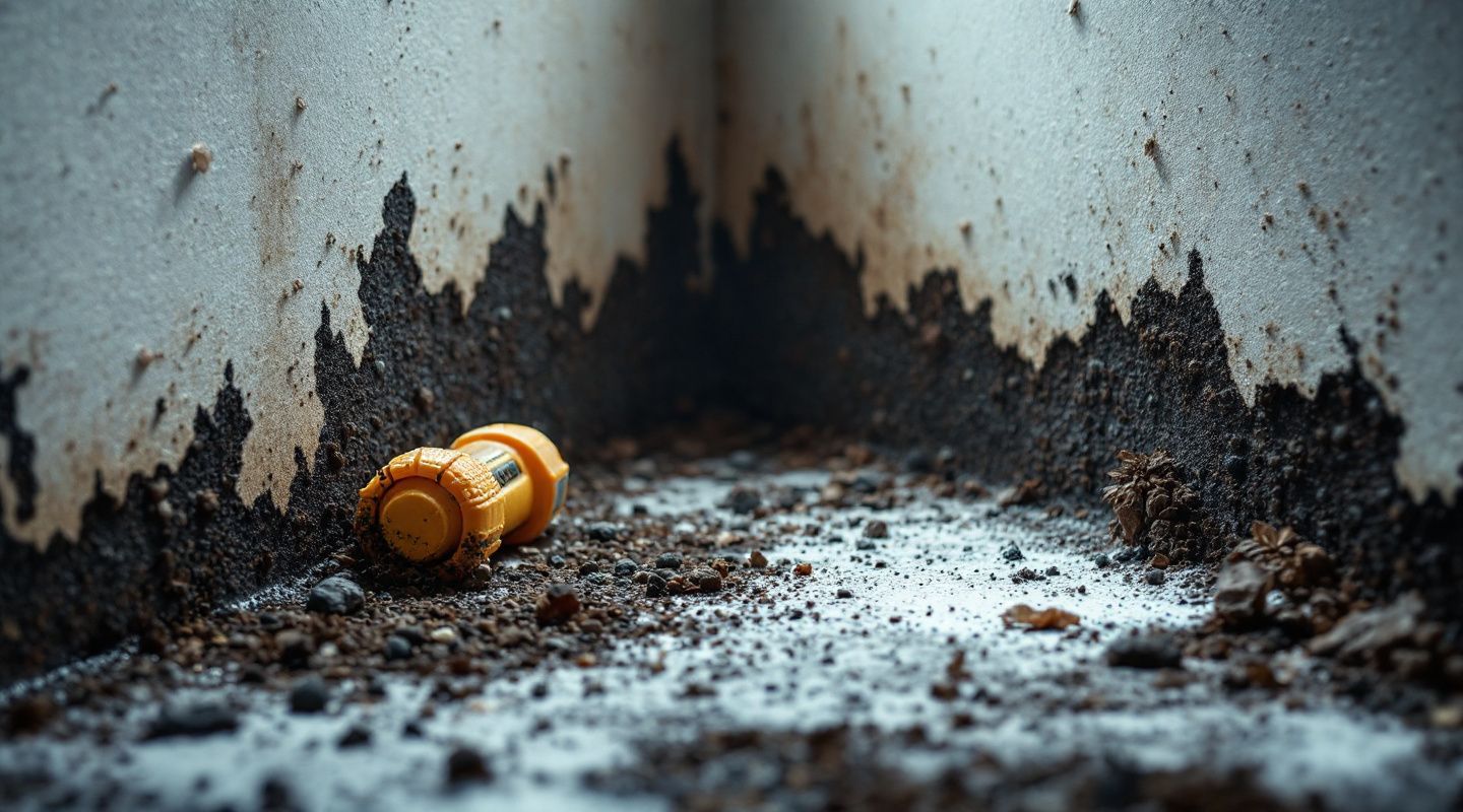 Professional mold remediation technician inspecting black mold growth on a wall