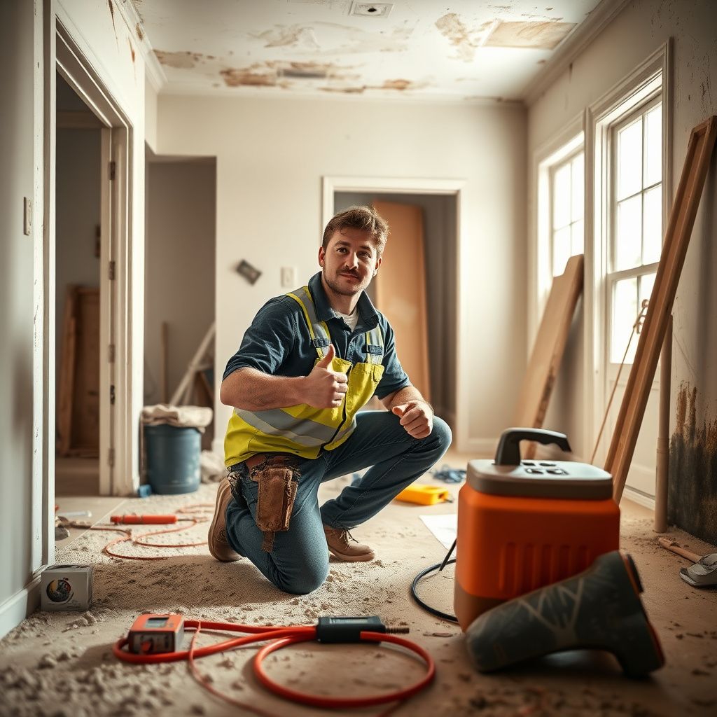 A certified mold remediation technician in full protective gear performing an inspection in a humid Needville attic.