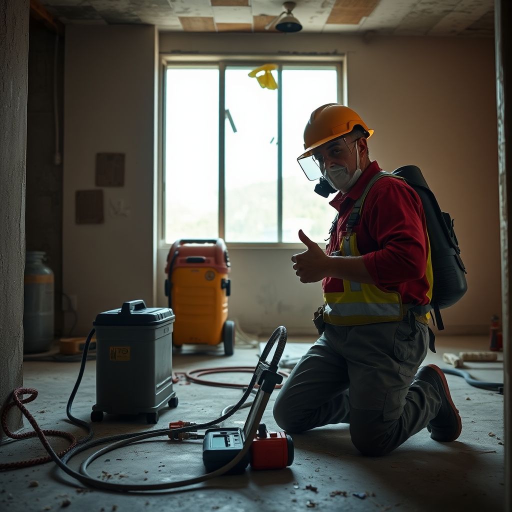 A certified mold remediation technician in full PPE meticulously cleaning a wall in a Clute residential basement, ensuring thorough mold removal.