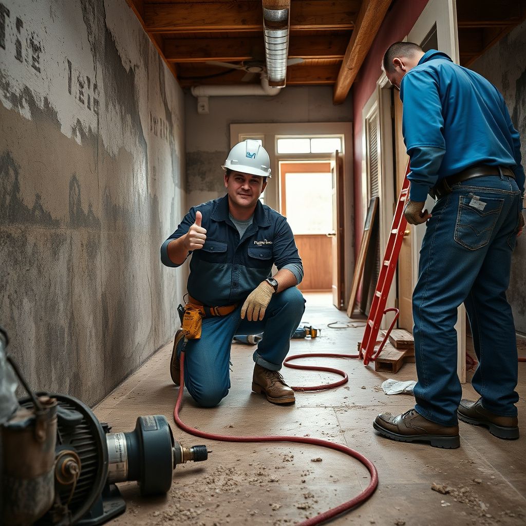 A close-up of a certified mold remediation technician wearing a respirator and protective gear, using a moisture meter on a wall in a Richmond, Texas home.