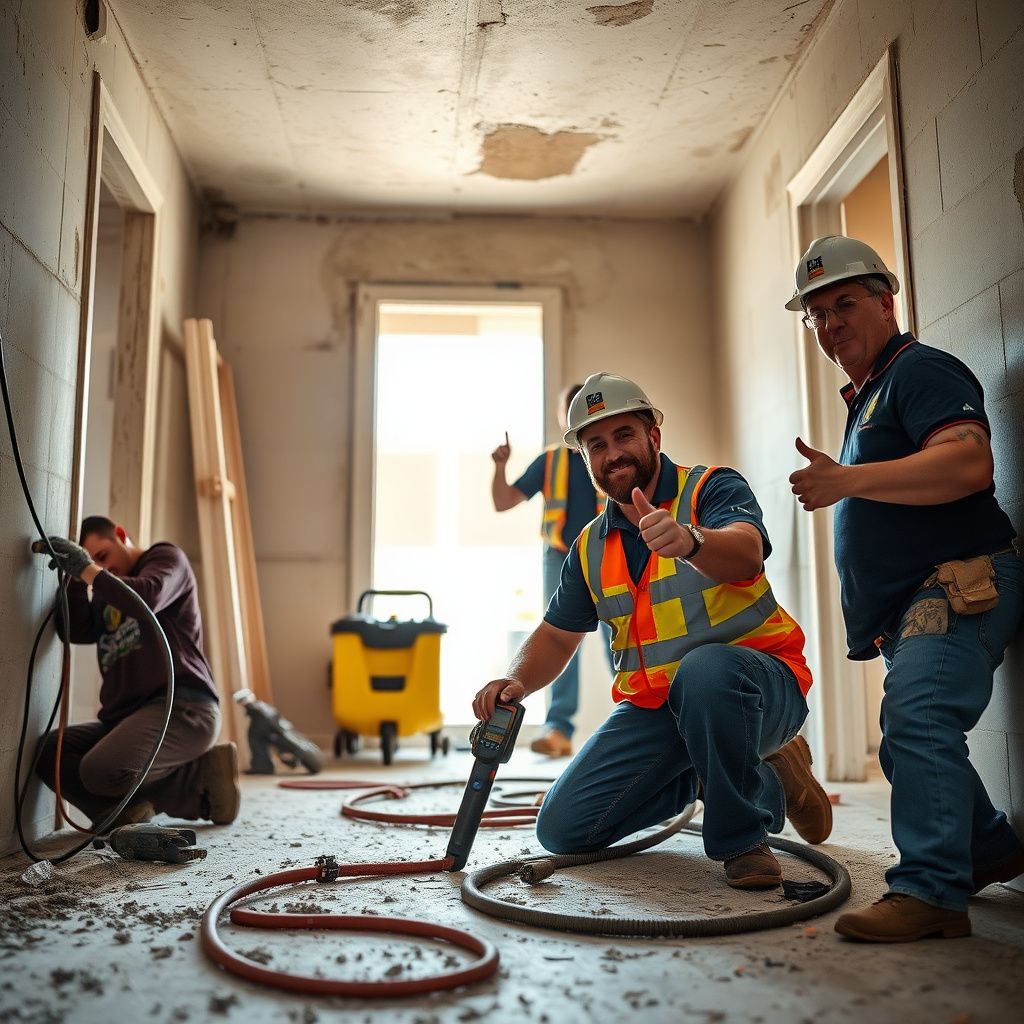 A close-up of a mold remediation technician wearing a respirator and protective gear, carefully inspecting a hidden area for mold in an East Bernard property.