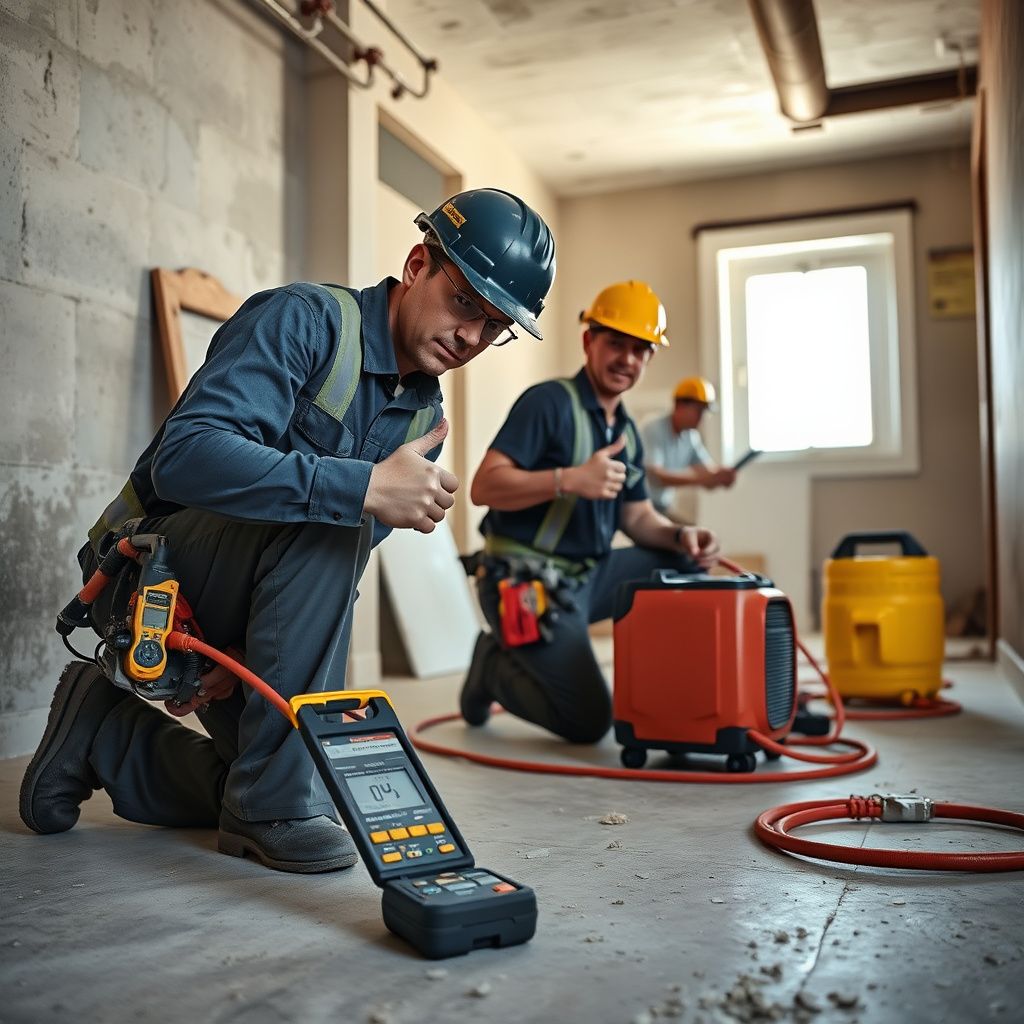 A close-up of a certified mold remediation technician in Pearland, wearing a respirator and protective gear, meticulously cleaning a surface with specialized equipment.