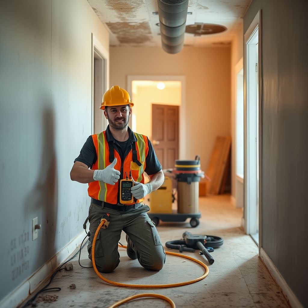 A professional mold remediation technician in Alvin, Texas, explaining the remediation process to a homeowner, pointing to a moisture reading on a device.