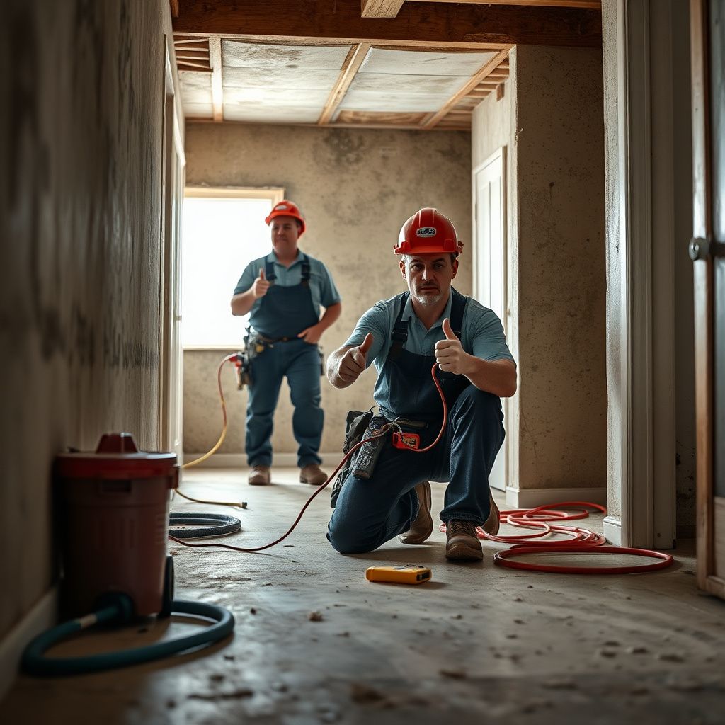 IICRC-certified mold remediation technician in full protective gear meticulously cleaning a wall during a mold removal project in a Missouri City residence.