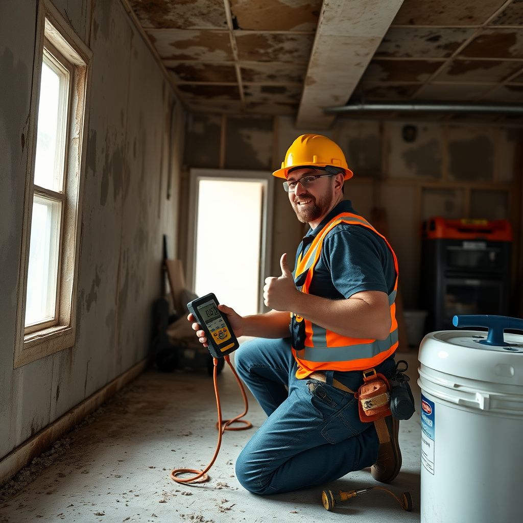 IICRC-certified mold remediation technician inspecting a damp wall in an Angleton home with specialized equipment.